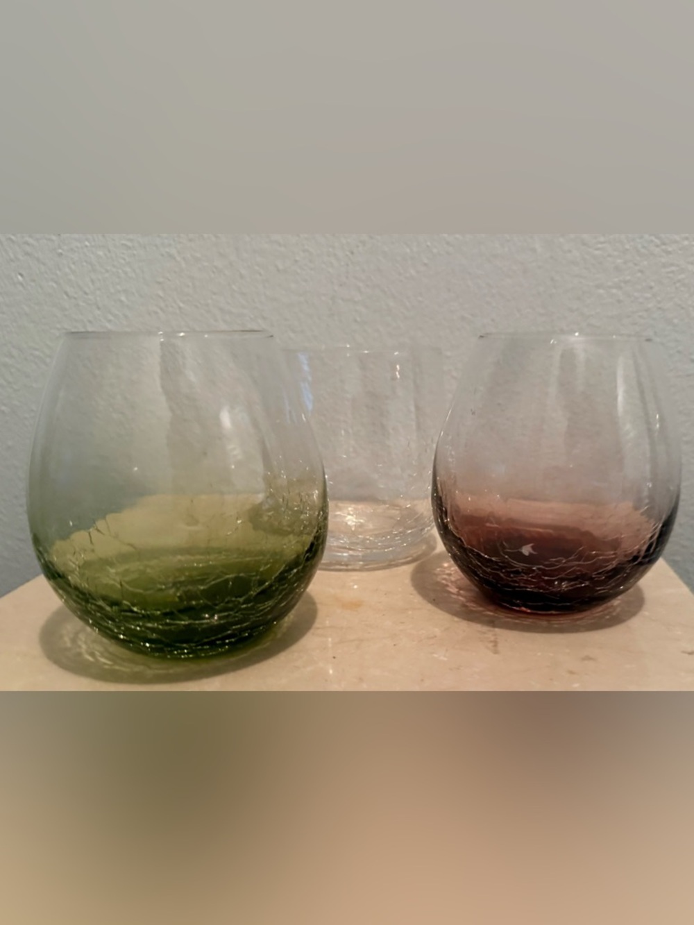 3 Stemless, Crackle glass, wine glasses. 16oz. Purple, olive green & clear.